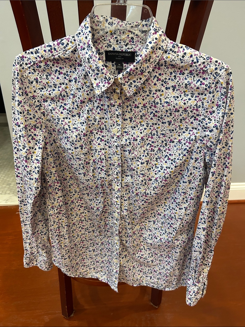 Banana Republic Men’s White Button-Down Shirt with Blue & Pink Floral Print